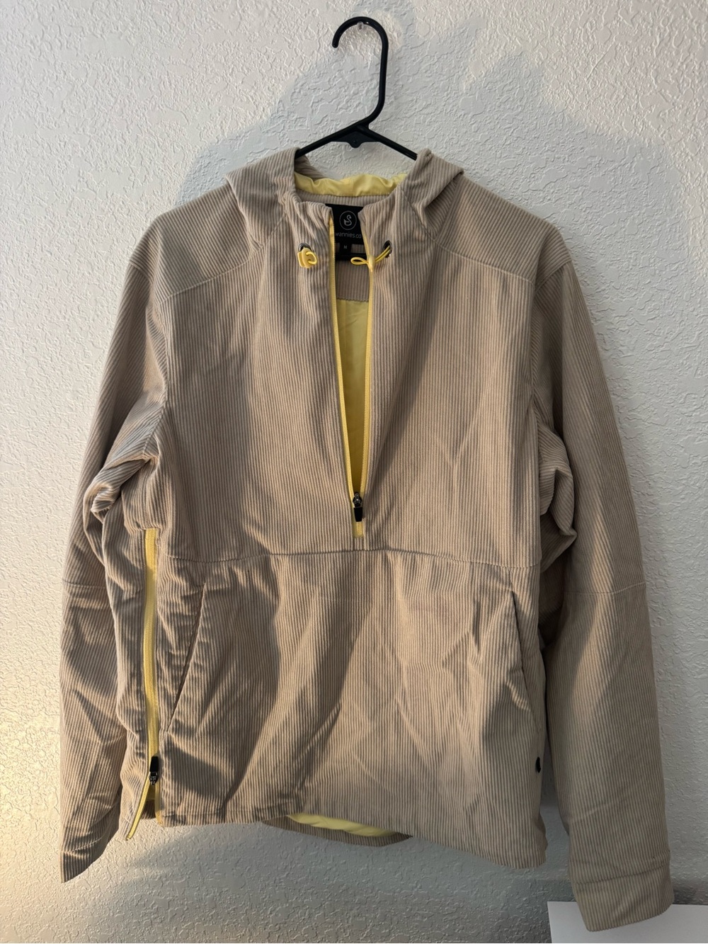 Light Tan Hooded Quarter-Zip Shirt Jacket with Yellow Lining